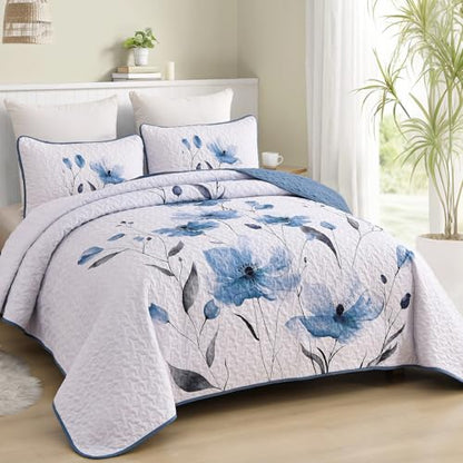 Mybedsoul Full/Queen Quilt Set Blue, 3 Pcs Soft Bedspreads & Coverlets Set | Summer Lightweight Farmhouse Botanical Bedding Set with 2 Shams, Reversible Polyester Coverlet Set for All Seasons, 96"x90" - color: Blue, size: Queen96"x90"