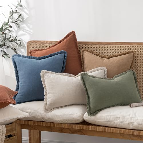 MIULEE Boho Linen Fringe Decorative Throw Pillow Covers Blue Ashes 18x18 | Set of 2, Cottagecore Decor, Boho Farmhouse Coastal Pillow Covers, Rustic Couch Cushion Cases for Sofa Bed Living Room - color: Blue Ashes, size: 18" x 18" (Pack of 2)