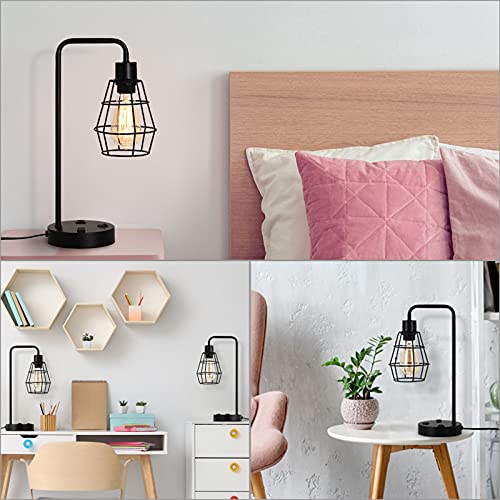 BTY USB Edison Table Lamp Set of 2, Bedside Nightstand Desk Lamps with Dual USB Charging Ports and 2 Prong AC Outlet Metal Wire Cage Industrial Reading Table Lamp for Bedroom Living Room Farmhouse - size: CAGE 1
