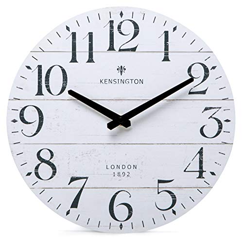 NIKKY HOME Farmhouse White Wall Clock - 12 Inch Quartz Battery Operated Vintage Wooden Decorative Silent Analog Clock for Kitchen, Living Room, Bedroom, Office - color: White