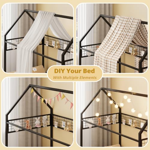 IRONCK Twin Floor Bed Frame with Fence Guardrails and Roof, Black | Metal House Bed with Hanging Mesh, No Box Spring Needed, Easy Assembly, Anti-tipping Device - color: Black