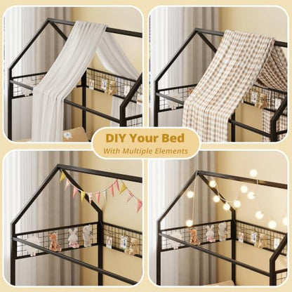 IRONCK Twin Floor Bed Frame with Fence Guardrails and Roof, Black | Metal House Bed with Hanging Mesh, No Box Spring Needed, Easy Assembly, Anti-tipping Device - color: Black