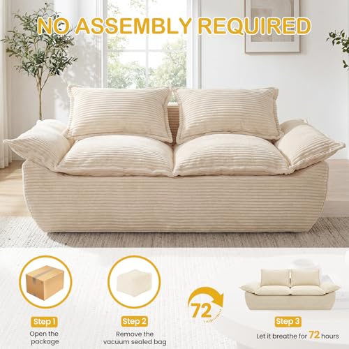 Boneless Loveseat 56", 2-Seater Beige Boneless Sofa with Removable Cushions & 2 Pillows, Small Boneless Couch Compress Foam Sofa for Living Room, Apartments, & Office - color: Beige, size: Loveseat（56")