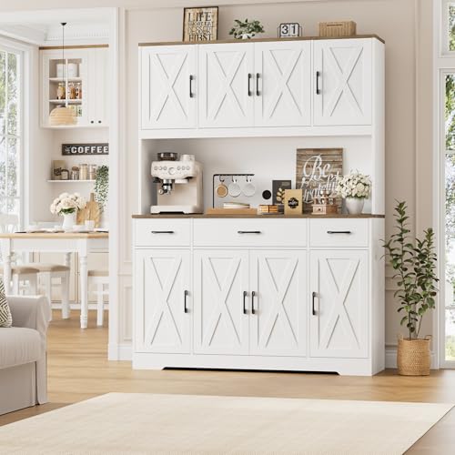 HOSTACK 71" Tall Kitchen Pantry Storage Cabinet, 55" W Kitchen Hutch, White | Large Pantry Cabinet with Charging Station / Countertop / 3 Drawers, Farmhouse Hutch Cabinet with Storage for Dining Room - color: White