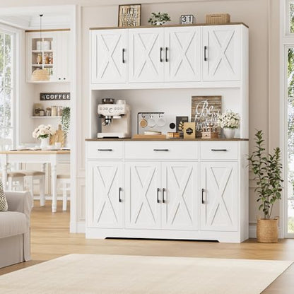 HOSTACK 71" Tall Kitchen Pantry Storage Cabinet, 55" W Kitchen Hutch, White | Large Pantry Cabinet with Charging Station / Countertop / 3 Drawers, Farmhouse Hutch Cabinet with Storage for Dining Room - color: White