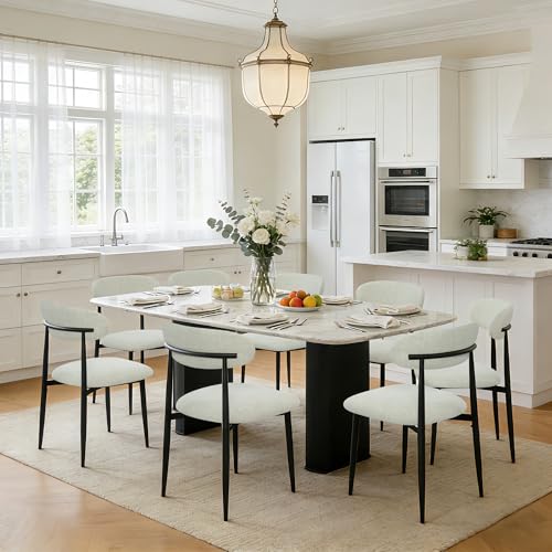 FREKEN Modern Upholstered Dining Chairs Set of 8, Mid-Century Metal Frame Linen Fabric Side Chair for Kitchen Dining Room, 350lbs Capacity, Beige - color: Beige - Black Legs, size: Set of 8
