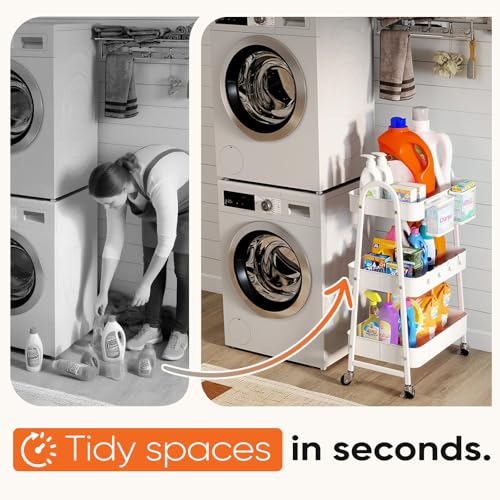 Sekey 3 Tier Rolling Cart, Hanging Cups, Hooks, Heavy Duty Mesh Rolling Storage Cart Organizer with 2 Lockable Wheels for Bathroom, Kitchen, Office, Craft, Makeup, Baby Essentials, White - color: White