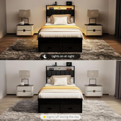 Twin Bed Frames with Storage Drawer, Platform Bed with Charging Station and LED Lights, Upholstered Headboard with 2-Tier Storage Shelves, No Box Spring Needed - size: Twin, style: Modern