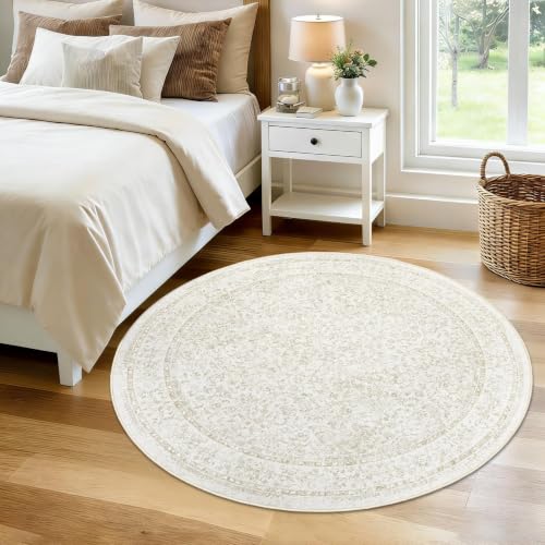 Round Rugs 4ft Vintage Floral Small Circle Rug, Washable Non Slip Soft Low Pile Stain Resistant Carpet for Living Room Bedroom Entryway Dining Room (FloralBeige, 4' Round) - color: Floral Beige, size: 4' (Round)