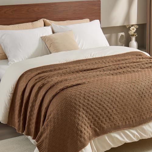 Light Brown Throw Blanket, Cute Checkerboard Knit, 50x60 Inches | Soft Cozy Lightweight Knit Blanket for Couch Bed, Warm and Breathable, Reversible Textured Knit Throw, Caramel Brown - color: Check-light Brown, size: 50"x60"