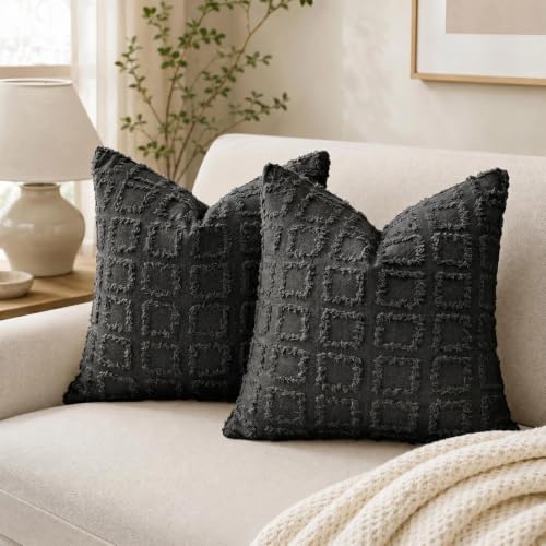 Black Pillow Covers 18x18 Set of 2, Textured Throw Covers | Soft polyester cushion covers with hidden zipper, textured black design for couch, sofa, bedroom and modern decor - color: Black