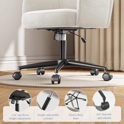 DurayLoly Vanity Chair with Wheels & White — Adjustable Height Makeup Chair, Plush Velvet Seat with Curved Backrest for Women, Girls, Bedroom Vanity & Desk, White - color: White