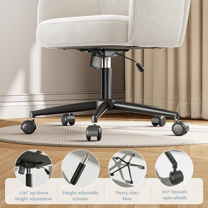 DurayLoly Vanity Chair with Wheels & White — Adjustable Height Makeup Chair, Plush Velvet Seat with Curved Backrest for Women, Girls, Bedroom Vanity & Desk, White - color: White