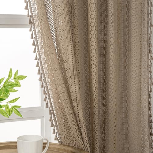 WAZZIO Boho Lace Curtains 72 Inches 2 Panel,Light Filtering Privacy Tassel & Geometry Crochet Semi Sheer Curtain Drapes for Bedroom Living Dining Room,Rod Pocket & Tassel,Earthy Color Taupe - color: Taupe, size: 59"W x 72"L (Pack of 2)