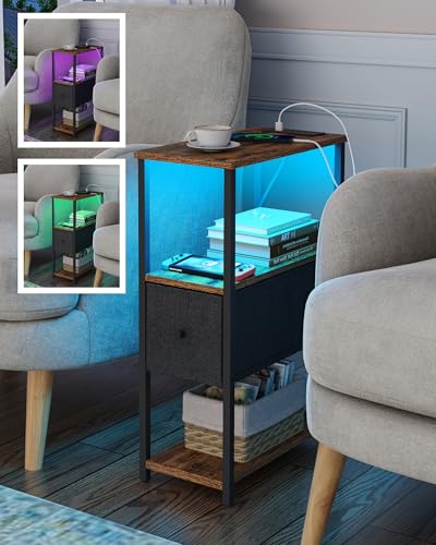 TUTOTAK Small Narrow LED End Table with Charging Station, Set of 2 | Side Table with Outlets, Nightstand with Cloth Drawer, Couch Table for Living Room, Bedroom, Brown and Black TB01BB059K - color: Brown and Black, style: 1 Drawer with Plug & Light