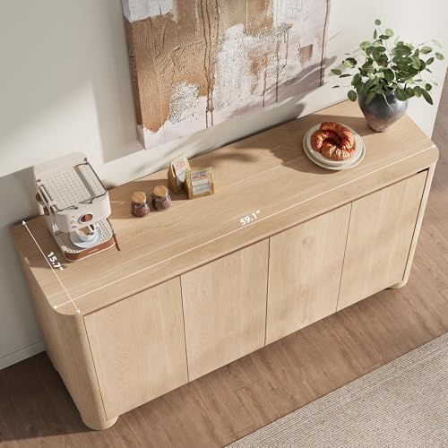 YANSNWO 59" Sideboard Buffet Cabinet with Rounded Corner, Natural Oak(1PCS) | 2-Tier Storage, Adjustable Shelves, 2"H × 6.3"D Sturdy Cylindrical Base, Handleless, Modern for Kitchen/Living Room/Hallway