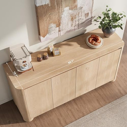 YANSNWO 59" Sideboard Buffet Cabinet with Rounded Corner, Natural Oak(1PCS) | 2-Tier Storage, Adjustable Shelves, 2"H × 6.3"D Sturdy Cylindrical Base, Handleless, Modern for Kitchen/Living Room/Hallway