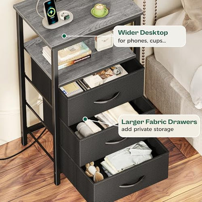 Huuger Night Stand with Charger Station and LED Lights, 3 Drawer Nightstand | Bed Side Table with Open ShelfEnd TableTall Fabric Dresser for Bedroom, Grey - color: Grey, size: 11.8"D x 15.7"W x 27.6"H（3 Drawers）