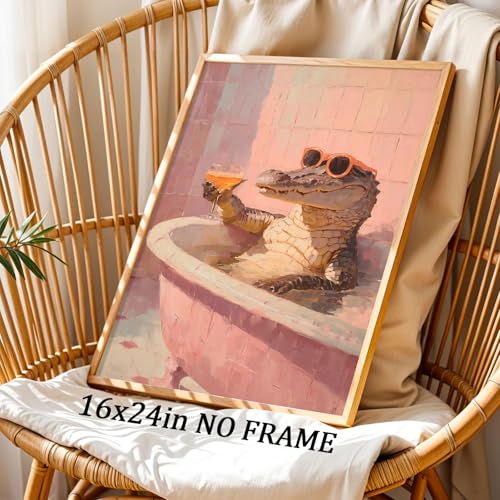 Pink Sunglasses Wall Art Funky Animal Posters Aesthetic Cocktail Picture Animal Drinking Wall Art Funny Bathroom Animals Prints Crocodile Artwork Pink Bathtub Painting Bathroom Humor Poster Frameless - color: G2Unframed