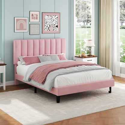 Garvee Full Size Platform Bed Frame with Upholstered Headboard, Pink | Fully Velvet Upholstered Mattress Foundation with Height Adjustable Headboard, No Box Spring Needed, Easy Assembly - color: Pink, size: Full