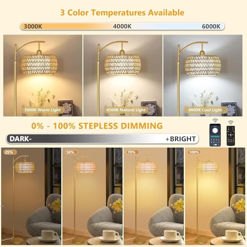 Gold Floor Lamp for Living Room with 3 Color Temperatures,Arc Boho Floor Lamps with Remote Control, Rattan Standing Lamp with Wicker Lamp Shades Dimmable Tall Floor Lamp For Bedroom Living Room Corner - color: gold-cydariform, size: 12.2 inch