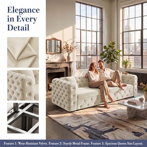89" 4-Seater Queen Size Pull Out Sofa Bed with 3 Pillows, Beige | 4-Seater Classic Velvet Sofa with Tufted Design,3 Pillows,89" Extra Large 3-in-1 Pull Out Sofa - color: Q-beige-0w3