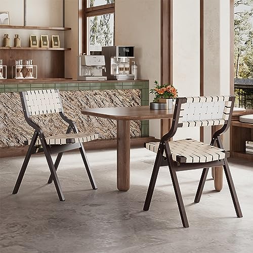 Wood Folding Chairs, Foldable Chairs Wooden Indoor Stackable Dining Chairs for Kitchen & Dining Room Chair Woven Seat & Webbing Back, Dining Chair Set of 2 - color: Brown Walnut/Beige, Pu Leather