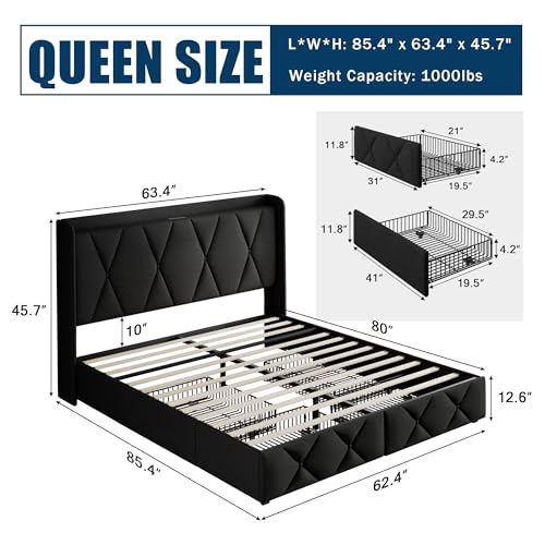 GalnFu Queen Bed Frame with 4 Storage Drawers, Upholstered Platform Bed with Charging Station, Modern Wingback Storage Headboard, Easy Assembly,Noise-Free, Black - color: Black, size: Queen