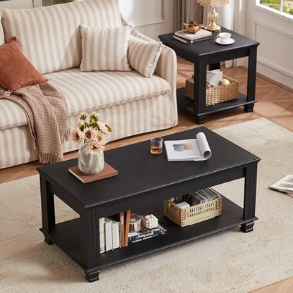 Farmhouse Coffee Table Set of 3, Black | Rustic Wood 3 Piece Coffee and End Table Sets with Open Shelf for Living Room - color: Black