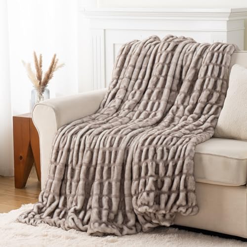 Battilo Faux Fur Throw Blanket for Couch, Soft Fluffy Ruched Fur Blanket, Cozy Thick Warm Fuzzy Brown Minky Blanket for Bed Chair Home 60"x80"(Tip Dye Brown) | Soft Ruched Faux Rabbit Fur with a Cozy, Thick Feel, Tip-Dyed Brown for Couch, Bed or Chair - c