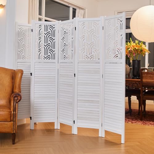 Svimi Folding Room Divider, 66.9 Inch 6 Panels Wood Carved Privacy Screens, Free Assembled Freestanding Portable Separation Wall for Home Office Restaurant Bedroom (White) - color: White, size: 6 Panels
