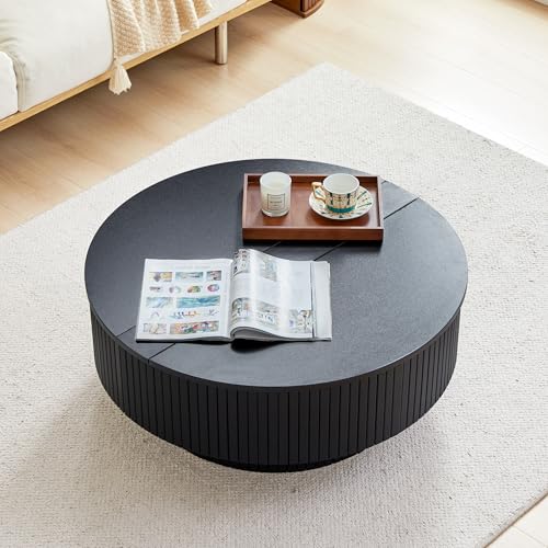 33" Round Coffee Table with Lift-Top & Flip-Top Storage, Modern Accent Fluted Coffee Tables with Metal Frame, Wooden Circle Center Table for Living Room Small Space Apartment Office (Black) - color: Black 33" Round Lift-top & Flip-top