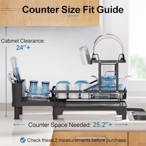 Large Expandable 2 Tier Dish Drying Rack for Kitchen Counter, Black | Extendable Design, 360° Rotating Drain Spout, Stable Screw-Fixed Frame, Rust-Resistant, Cup & Utensil Holder, Tool-Free Setup - color: Black, size: Countertop Expandable (12.6"w X 18.7"