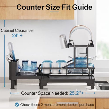 Large Expandable 2 Tier Dish Drying Rack for Kitchen Counter, Black | Extendable Design, 360° Rotating Drain Spout, Stable Screw-Fixed Frame, Rust-Resistant, Cup & Utensil Holder, Tool-Free Setup - color: Black, size: Countertop Expandable (12.6"w X 18.7"