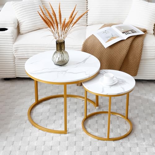 White and Gold Nesting Coffee Tables Set of 2, 23.6" Round Marble Pattern Top with Golden Metal Frame, Modern Accent Side Tables for Living Room, Bedroom, Apartment - color: White,gold