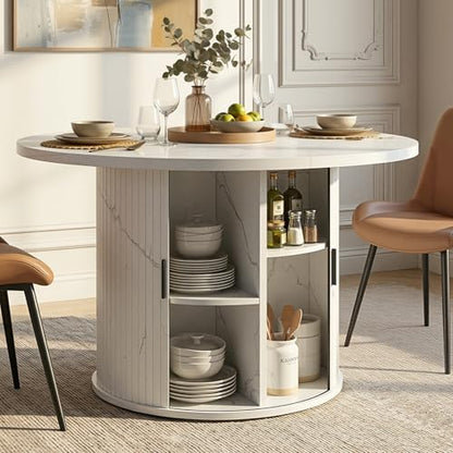 3-Piece Round Dining Table Set for 2, 47-Inch Modern Faux Marble Dining Table with Half-Open Storage Shelf, Upholstered Dining Chairs with Thick Cushions (White Faux Marble Table + 2 Brown Chairs) - color: White Faux Marble Table + 2 Brown Chairs-196, siz