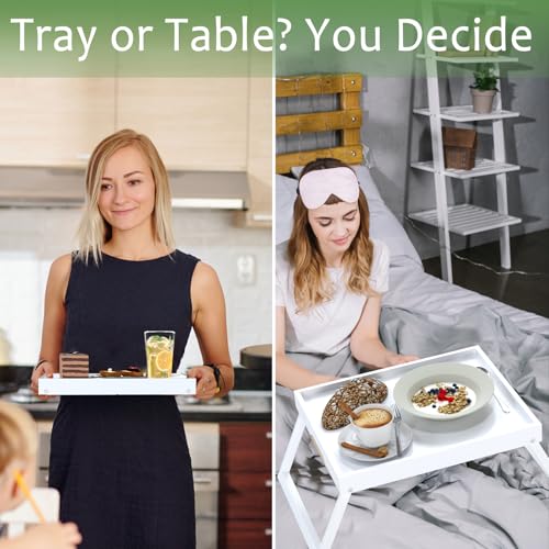 Bamboo Bed Tray Table with Folding Legs, Large, White | Large FSC-certified bamboo bed tray with folding legs, handles and raised edges for meals, laptops, reading and serving. - color: White, size: Large