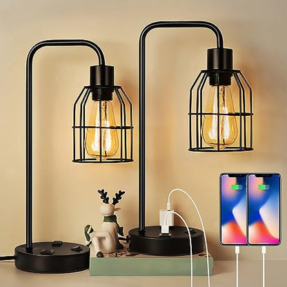 BTY Bedside Lamps Set of 2 Industrial Table Lamp with Dual USB Charging Ports and 2 Prong AC Outlet Farmhouse Nightstand Desk Lamps Edison Lamp with Metal Wire Cage for Bedroom Living Room - size: CAGE 3