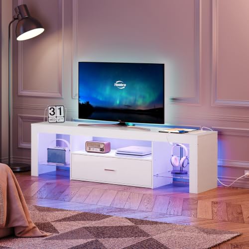 HOOBRO LED TV Stand with Power Outlets to 65 inch TV, Gaming Entertainment Center with Glass Shelves and Large Drawer, Modern Media TV Console Table for Living Room Bedroom, White WT14UDDS01 - color: White, size: 55.1 Inch