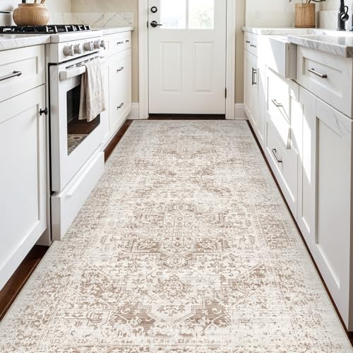 4x8 Washable Hallway Runner Rug: Vintage Wide Low Pile Rugs IvoryBeige | Water Resistant Non Slip Pet Friendly Easy Clean Design Soft Rugs for Kitchen Entryway Bedroom Living Room and Home Decor - color: Ivory/Beige, size: 4x8