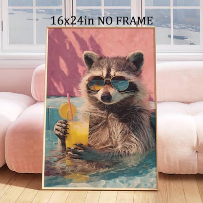 Oiyehokeul Animal Drinking Wall Art Funky Animal Posters Raccoon in Bathtub Wall Art Whimsical Artwork Trendy Aesthetic Pictures Raccoon Bathroom Poster Preppy Pink Cocktail Print 16x24in Frameless - color: G1Unframed