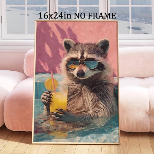 Oiyehokeul Animal Drinking Wall Art Funky Animal Posters Raccoon in Bathtub Wall Art Whimsical Artwork Trendy Aesthetic Pictures Raccoon Bathroom Poster Preppy Pink Cocktail Print 16x24in Frameless - color: G1Unframed