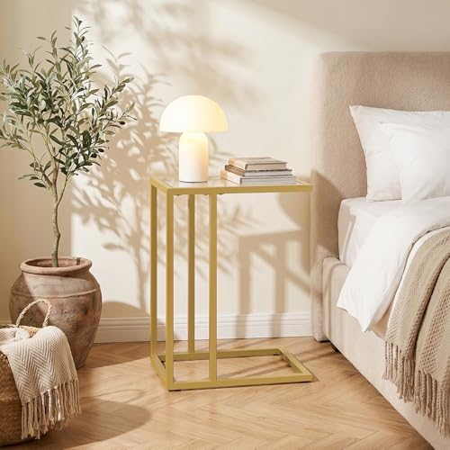 HOOBRO C Shaped End Table, Set of 2, Glass Side Table with Metal Frame, Gold Coffee Table for Small Space, Modern Style, for Living Room, Gold GD03SFP201 - color: Gold