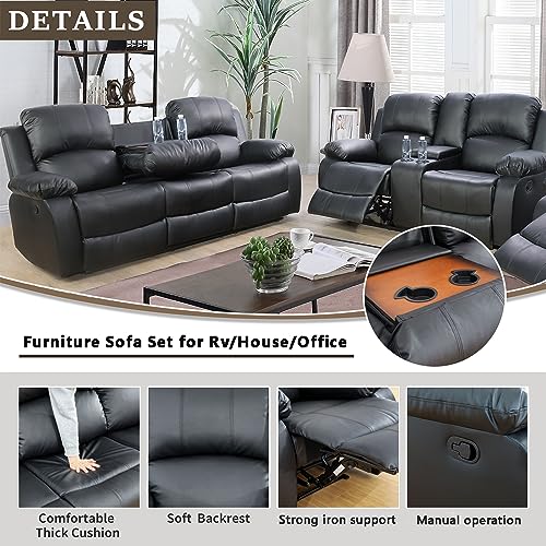 A Ainehome Living Room Furniture Set Leather Recliner Sofa Set Loveseat Chair Furniture Sofa Set for Living Room/Small Space/Rv/House/Office/Theater Seating (A-Black Leather, Sofa+Loveseat) - color: Black Leather, size: Sofa+Loveseat