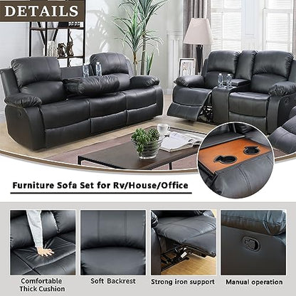 A Ainehome Living Room Furniture Set Leather Recliner Sofa Set Loveseat Chair Furniture Sofa Set for Living Room/Small Space/Rv/House/Office/Theater Seating (A-Black Leather, Sofa+Loveseat) - color: Black Leather, size: Sofa+Loveseat