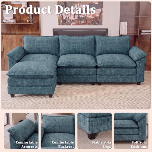 JUMMICO 118.9" L Shaped Sectional Couch, Modular Cloud Sofa, Dark Blue | Comfy Chenille, Movable Ottoman, Deep Seat, Double Layer Cushion, 3 Seat, High-Density Foam, for Living Room - color: Dark Blue, size: L Shaped Sofa