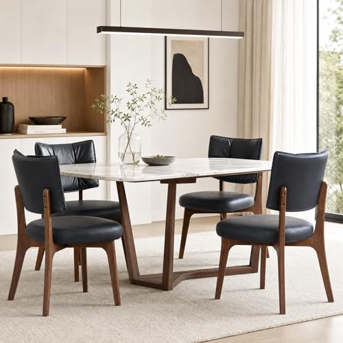YOUNIKE Wood Frame Black Dining Chair, Faux Leather, Single Pack | Modern Ergonomic Upholstered Kitchen & Dining Room Chairs, Double-Layer Backrest, Comfy Soft Cushion, Easy to Assembly - color: Black