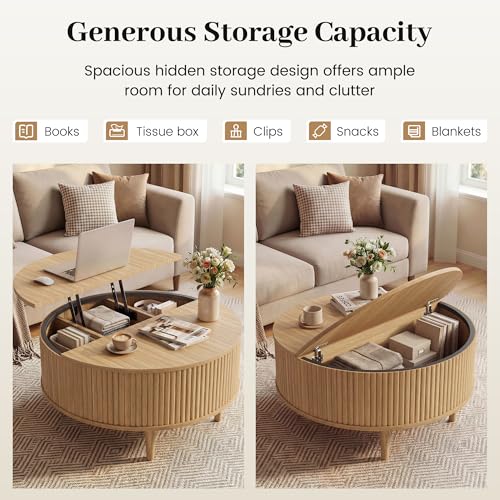 31.5" Round Coffee Table with Lifting Top, Storage for Living Room, Oak | Fluted Center Table, Mid Century Modern Design for Home Office and Small Space with 4 Hidden Compartments - color: Oak