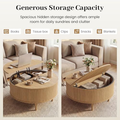 31.5" Round Coffee Table with Lifting Top, Storage for Living Room, Oak | Fluted Center Table, Mid Century Modern Design for Home Office and Small Space with 4 Hidden Compartments - color: Oak