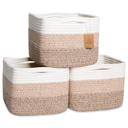 NaturalCozy Storage Cubes 9”x9”x7”Cotton Rope Woven Baskets for Organizing 3-Pack | 9 Inch Cube Storage Bin | Small Basket for Shelf Nursery, Pantry, Decorative Plant, Bathroom Closet, Toy Gift - color: 3-Tone Brown